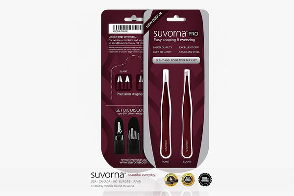 Suvorna Pointed and Slanted Tip Tweezers Set (2 for 1)