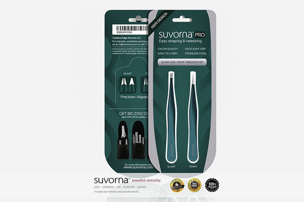 Suvorna Pointed and Slanted Tip Tweezers Set (2 for 1)